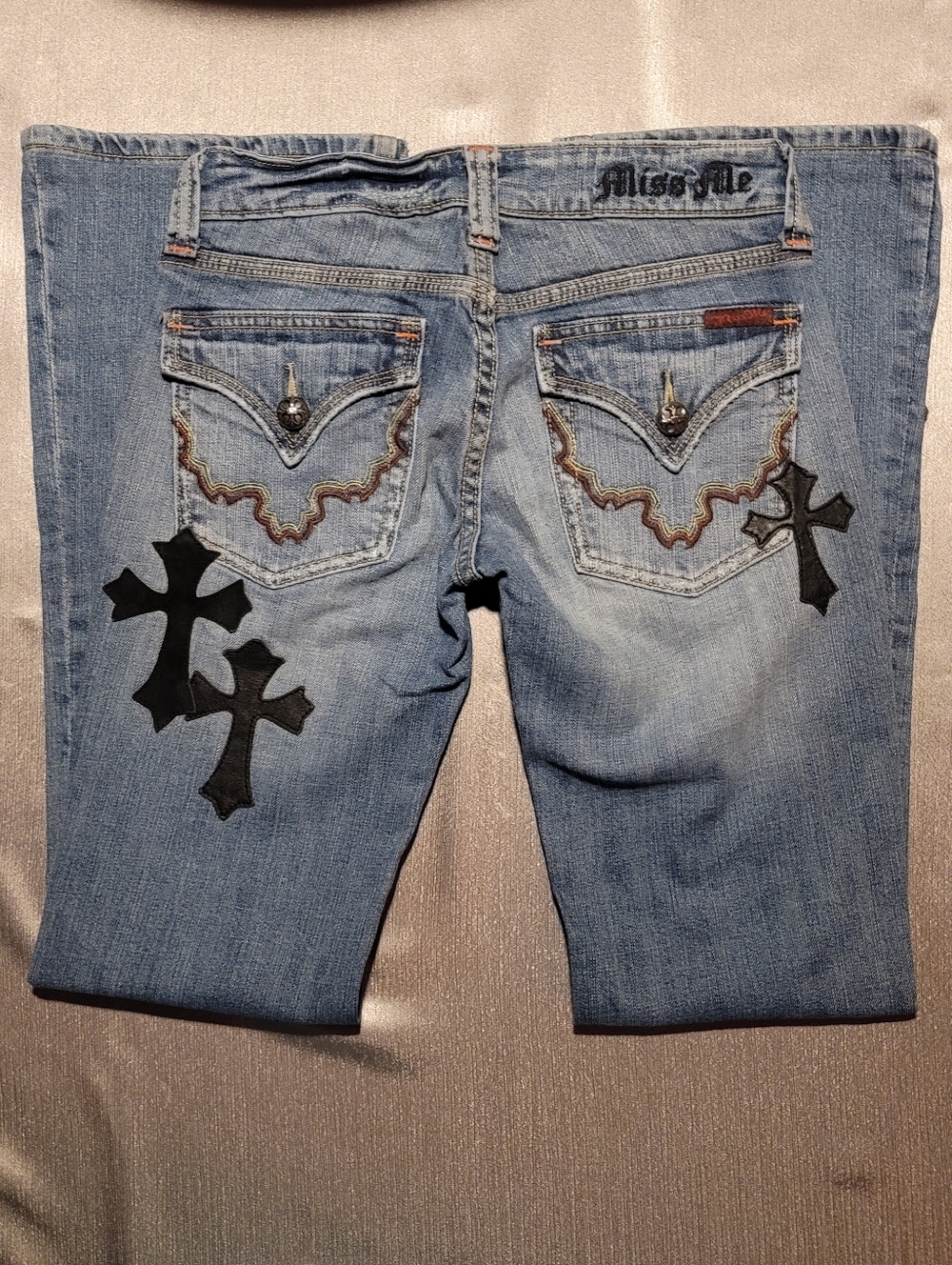 Miss Me Light Blue Denim Cropped Jeans with Black Cross Patches